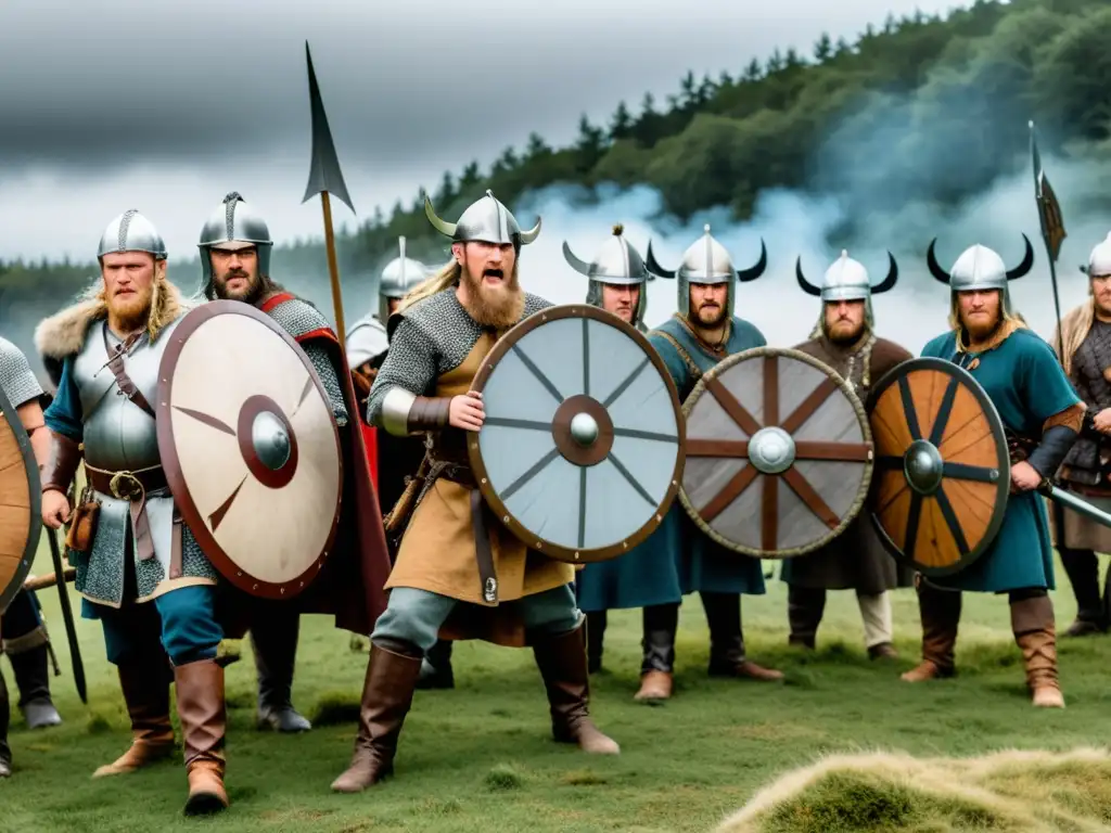 Grupo de vikingos en batalla en un bosque nórdico neblinoso