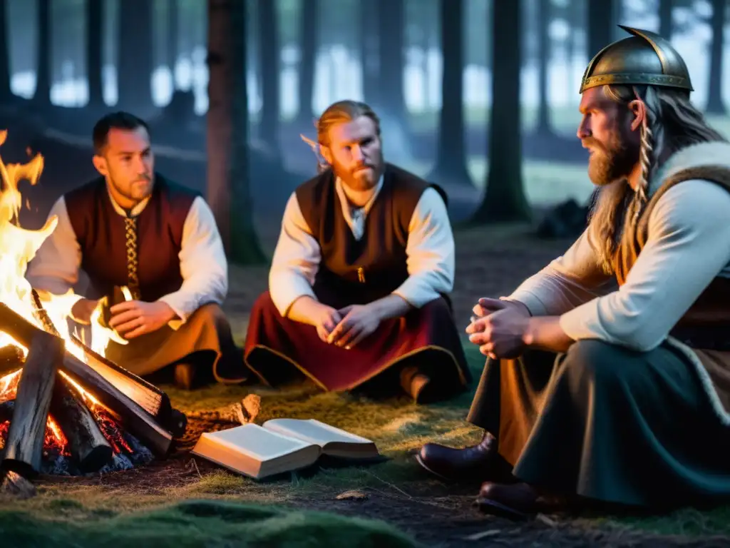 Un grupo de vikingos en un bosque, discutiendo alrededor de una fogata