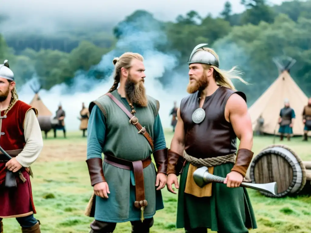 Un grupo de vikingos en un bosque neblinoso, realizando actividades de la época