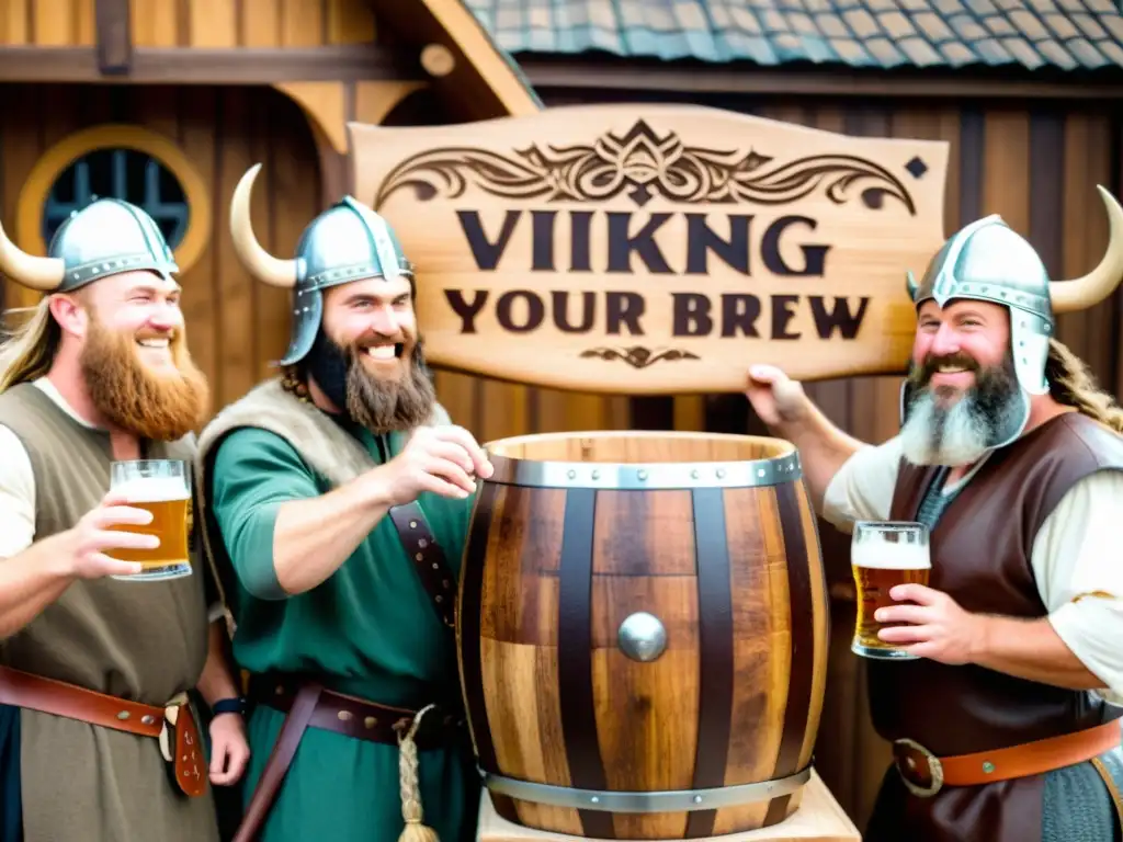 Un grupo de vikingos vierte cerveza casera estilo vikingo en jarros de madera tallada en un salón iluminado por antorchas