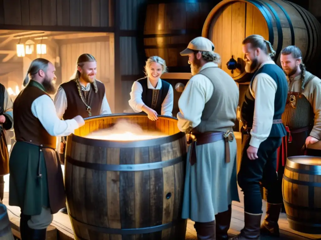 Un grupo de vikingos elabora cerveza estilo vikingo en una antigua cervecería rústica