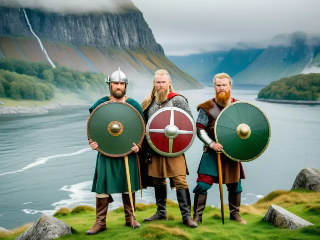 Grupo de vikingos en la costa, con escudos y espadas, junto a un fiordo brumoso