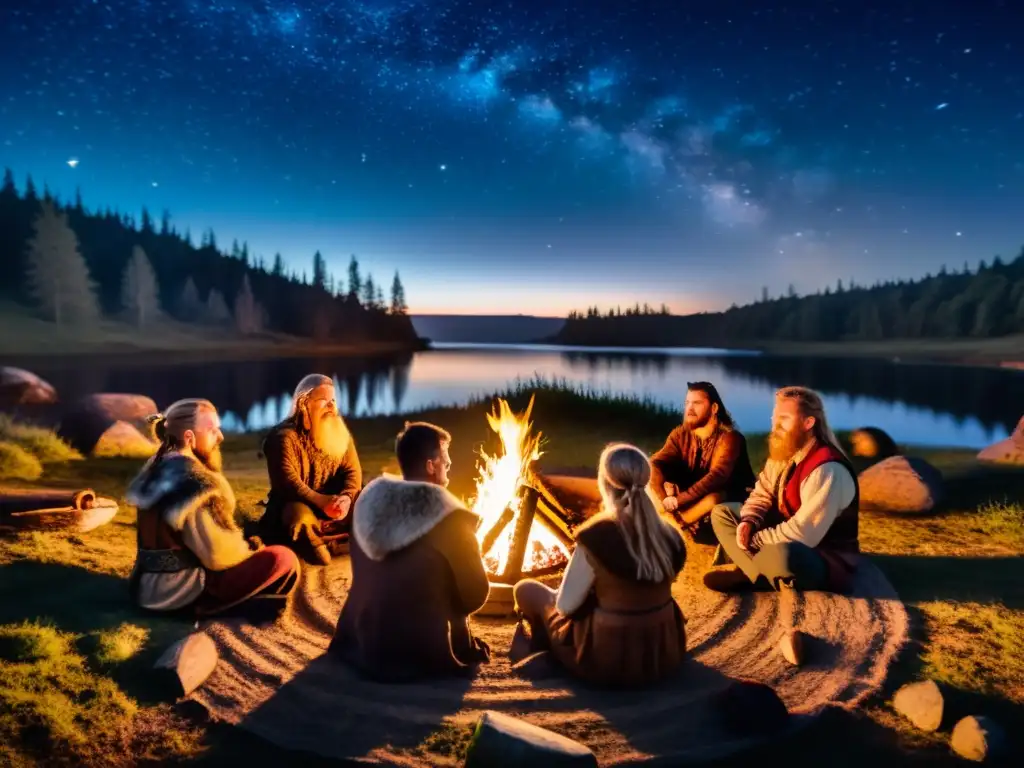 Un grupo de vikingos escucha cuentos épicos alrededor de una fogata en la noche estrellada del bosque