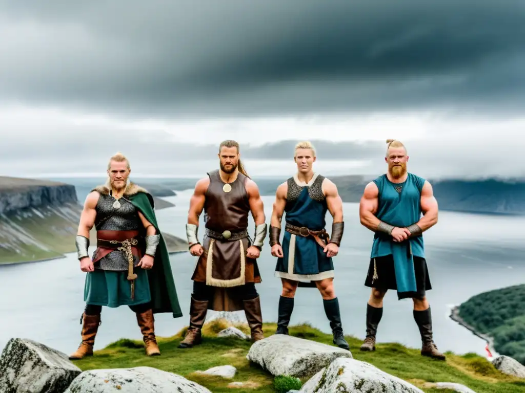 Grupo de vikingos determinados en un acantilado nórdico, expresando fuerza y motivación fitness cultura vikinga