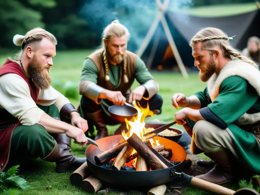 Un grupo de vikingos reuniéndose alrededor de una fogata en un bosque, cocinando y compartiendo una comida tradicional