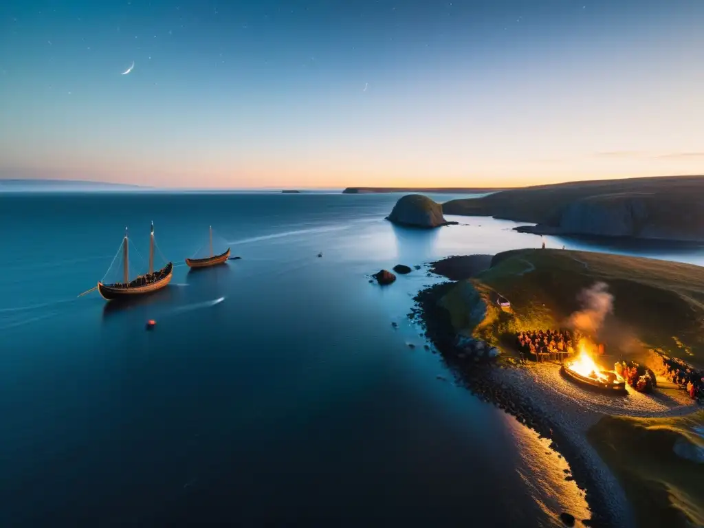 Un grupo de vikingos en la costa escandinava, contando historias alrededor de una fogata bajo el cielo estrellado