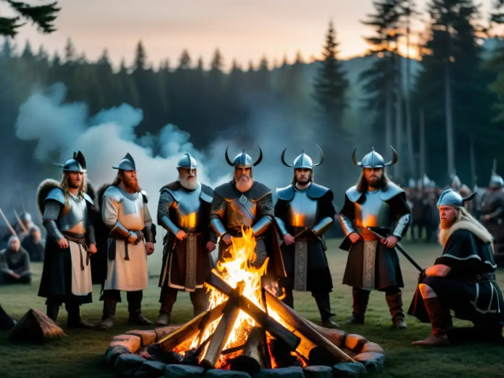 Un grupo de vikingos se reúne alrededor de una hoguera en el bosque al anochecer, evocando el culto ancestral de la mitología nórdica