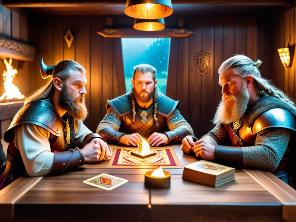 Un grupo de vikingos participa en un intenso juego de cartas, rodeados de símbolos nórdicos