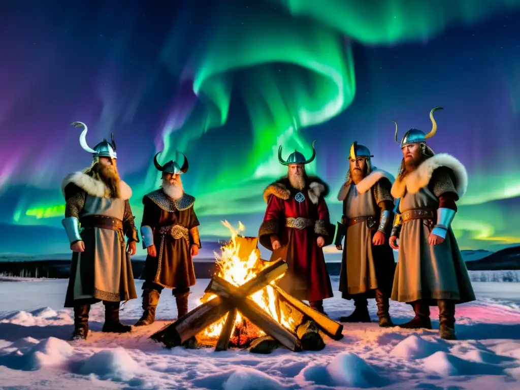 Un grupo de vikingos junto a una fogata bajo las Auroras Boreales, reviviendo la mitología vikinga