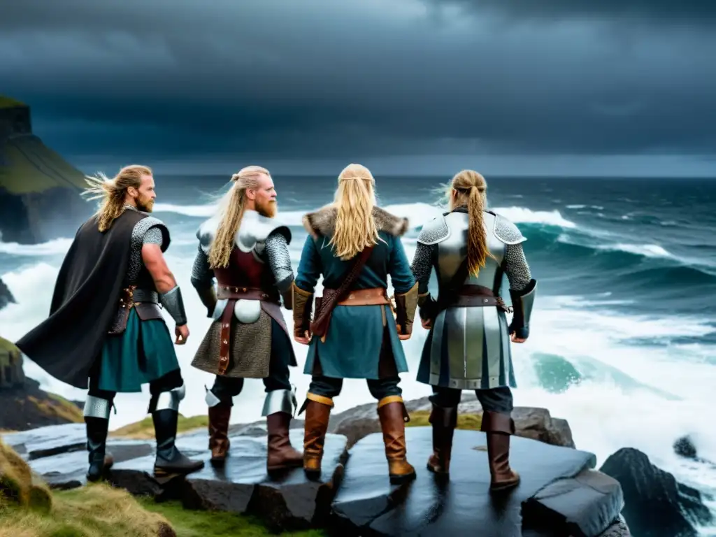 Grupo de vikingos modernos en entrenamiento extremo, desafiando al mar desde un acantilado tormentoso