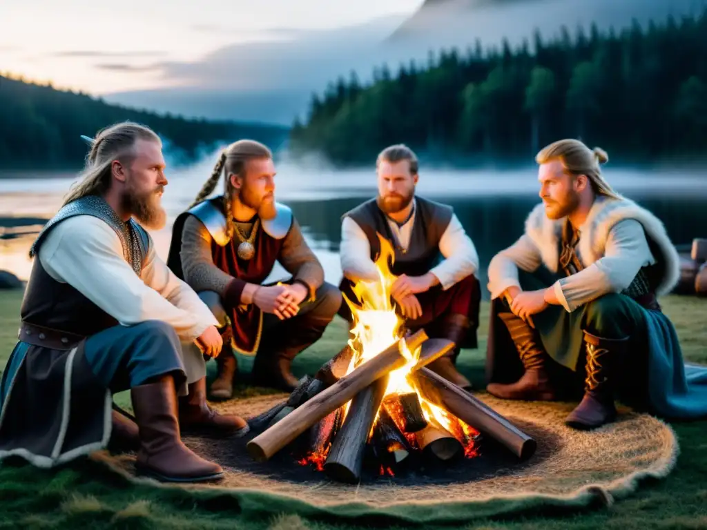 Grupo de vikingos modernos recreando estatus social en la era actual alrededor de fogata al anochecer en bosque nórdico