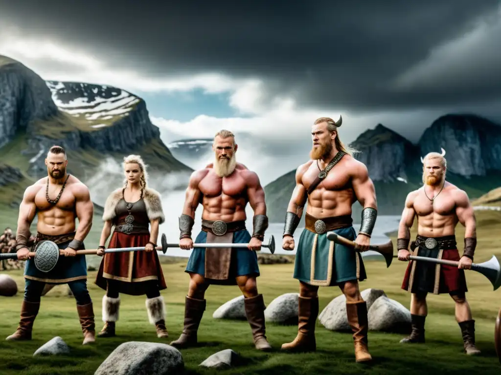 Un grupo de vikingos entrenando funcionalmente en paisaje nórdico
