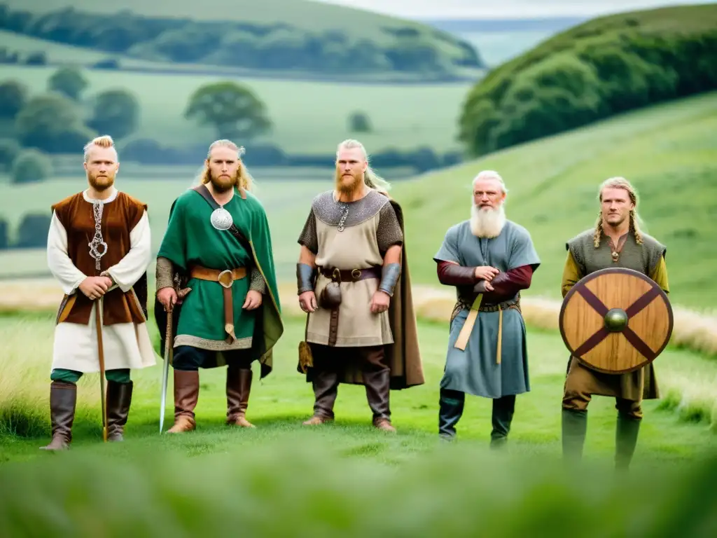 Grupo de vikingos en un prado en Normandía, con runas y vestimenta auténtica