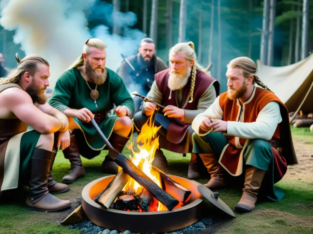 Grupo de vikingos reenactores preparando carnes alrededor de fogata en el bosque