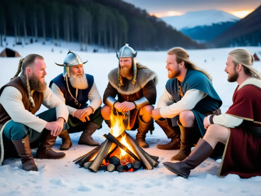 Un grupo de vikingos reenactores disfrutan de juegos de entretenimiento en invierno vikingo alrededor de una hoguera en la nieve