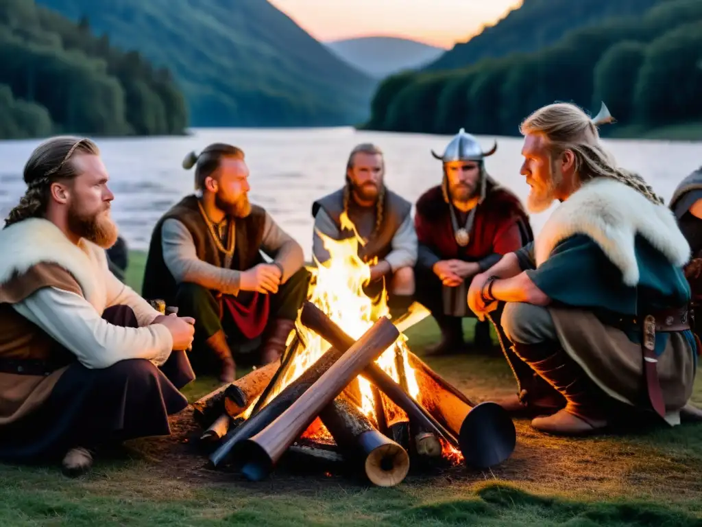 Un grupo de vikingos reenactores escucha a un narrador alrededor de una fogata en el bosque al atardecer