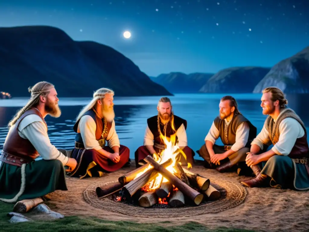 Un grupo de vikingos reenactores cantando en la noche alrededor de una fogata, barcos vikingos en el fiordo