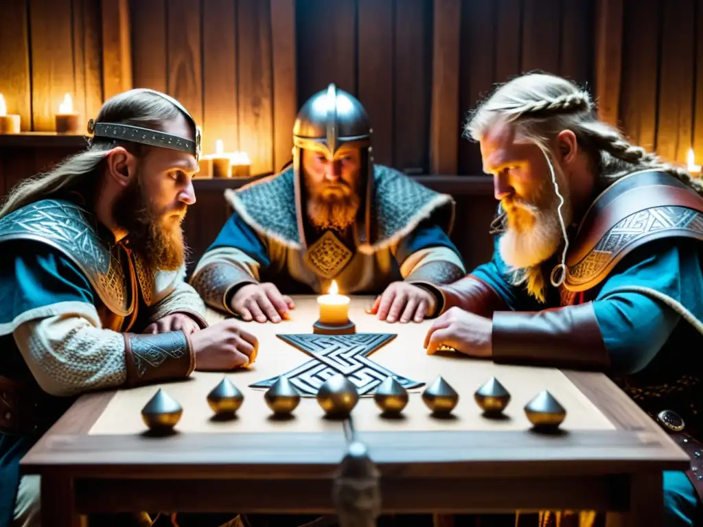 Un grupo de vikingos reenactores en una partida de Hnefatafl en una habitación mística iluminada por velas