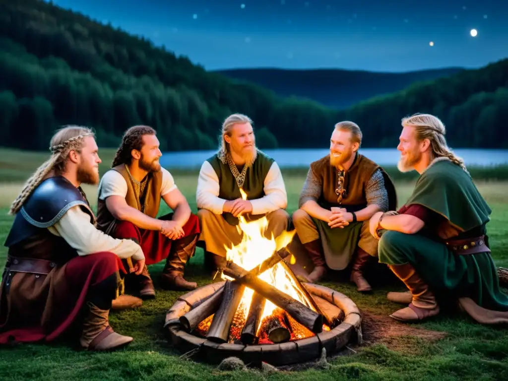 Un grupo de vikingos reenactores reunidos alrededor del fuego en un bosque, mostrando el estilo de vida vikingo desmitificado