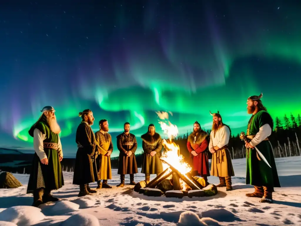 Grupo de vikingos reenactores en ritual pagano bajo la aurora boreal, enlazados con la música vikinga paganismo