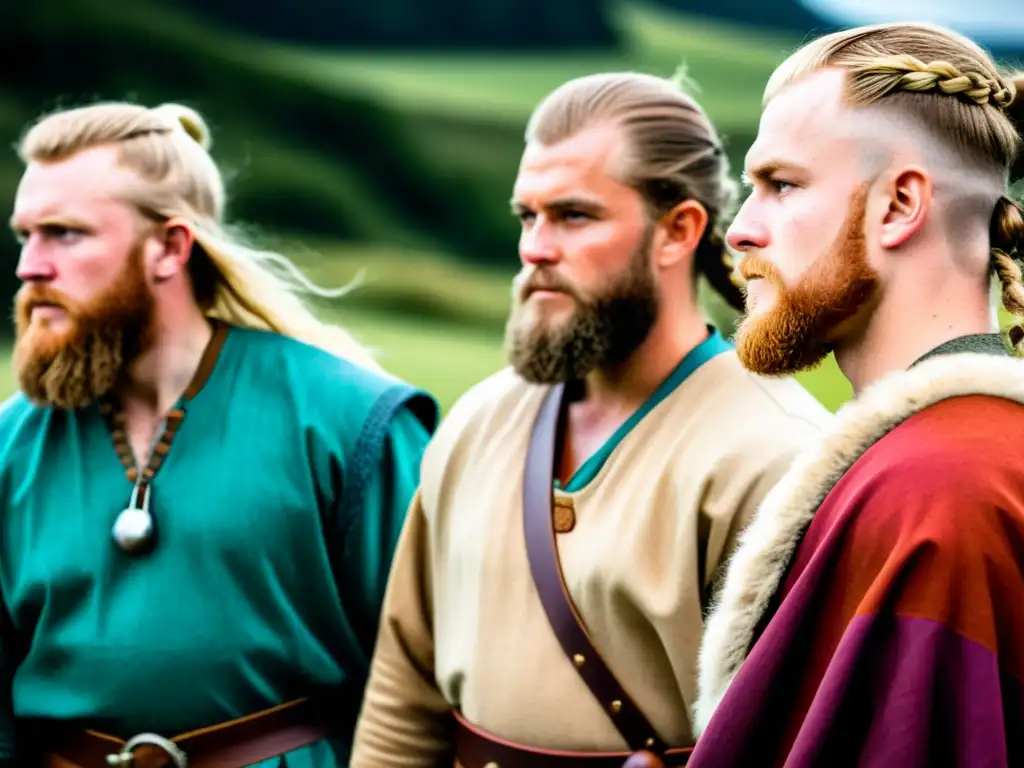 Un grupo de vikingos reenactores vistiendo trajes auténticos, resaltando los colores y simbolismo de la vestimenta vikinga