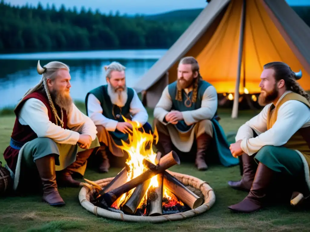 Un grupo de vikingos reencarnados escuchando historias alrededor de una hoguera en el bosque al anochecer, aprende a contar historias vikingas