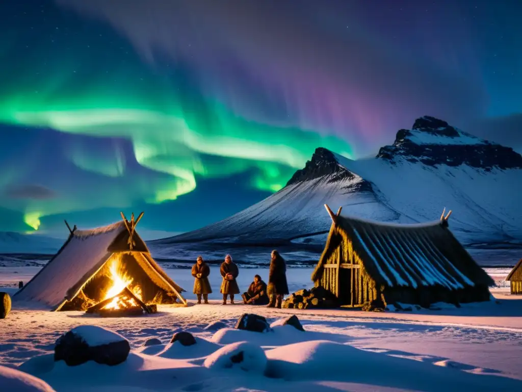 Un grupo de vikingos reunidos alrededor de una fogata en un paisaje islandés, destacando las diferencias entre sagas islandesas y noruegas