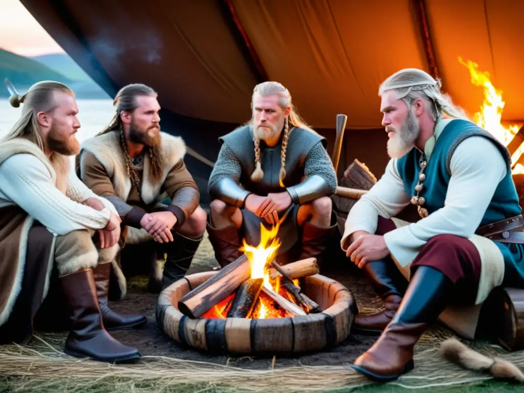 Grupo de vikingos reunidos alrededor de una fogata en una casa larga, en una escena de narrativa oral tradición vikinga