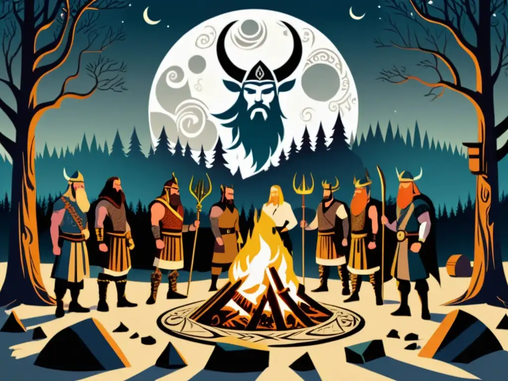 Grupo de vikingos celebrando un ritual en el bosque con runas, luna llena y anciano sabio invocando a los dioses