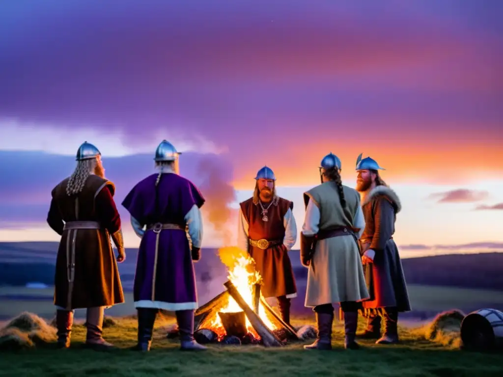 Un grupo de vikingos en un ritual alrededor de una hoguera en el bosque al anochecer