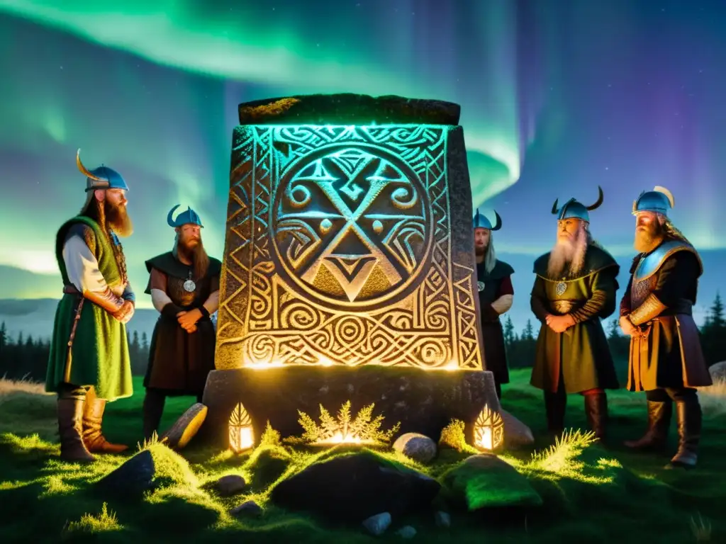 Un grupo de vikingos realizando un ritual místico alrededor de un runestone en un bosque, con auroras boreales