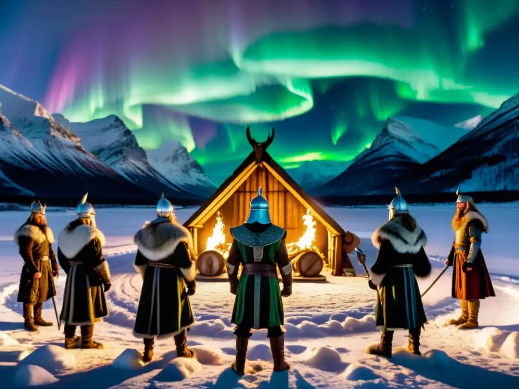 Grupo de vikingos en ritual, rodeados de montañas nevadas y auroras boreales, reflejando la influencia de la mitología y el status social vikingo