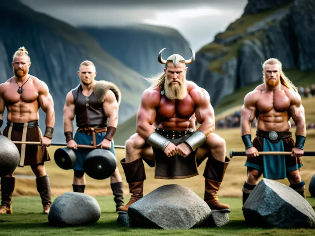 Un grupo de vikingos levanta rocas en un paisaje nórdico