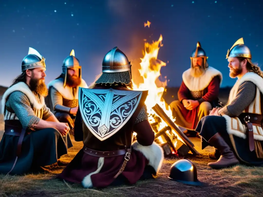 Un grupo de vikingos escucha sagas nórdicas dramatizadas alrededor de una fogata bajo un cielo estrellado