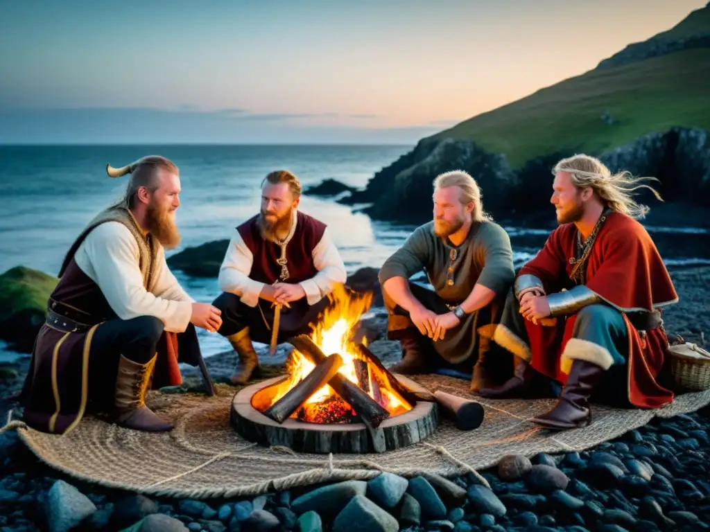 Grupo de vikingos en trajes tradicionales alrededor de una hoguera en la costa de Isla de Man