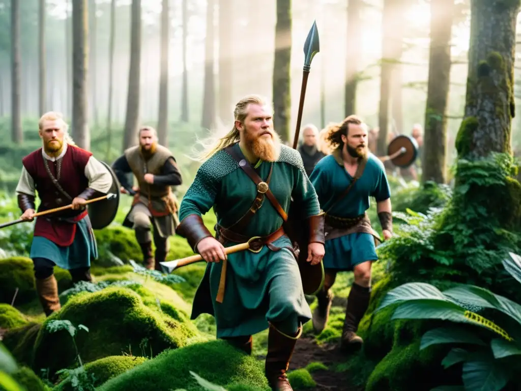 Un grupo de vikingos y vikingas cazando en un exuberante bosque