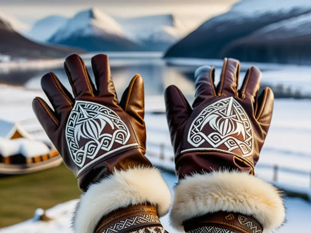 Guantes vikingos de cuero y piel con símbolos nórdicos, usados por una mano en paisaje invernal con barco vikingo