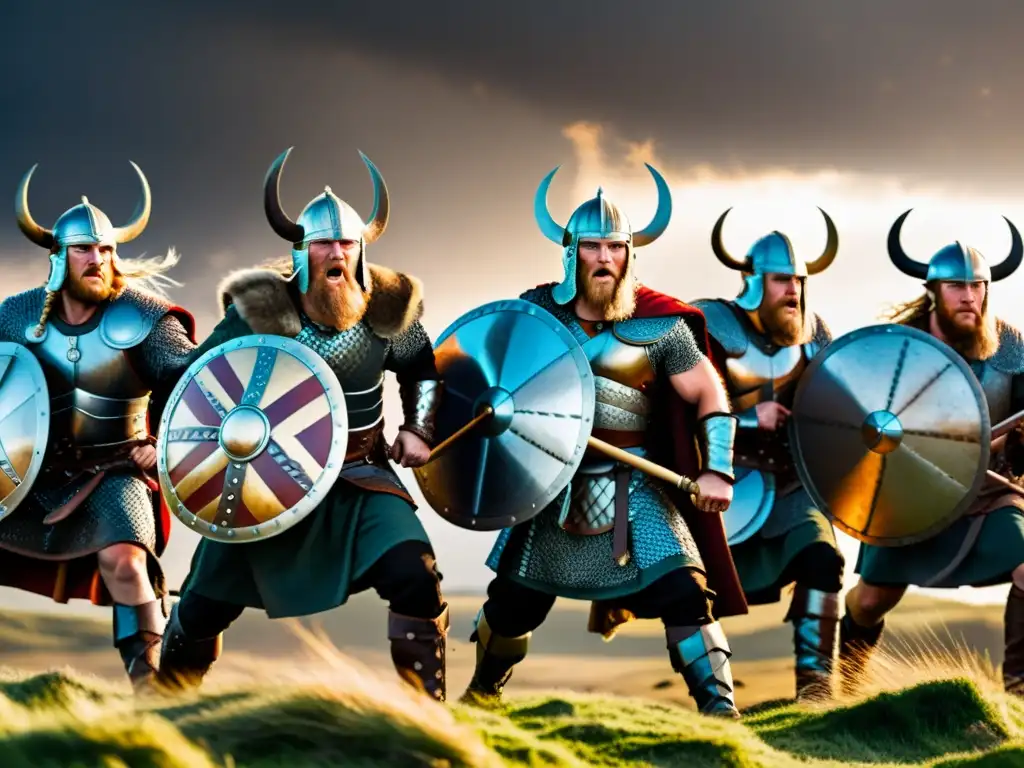 Visión de la guerra vikinga: Detallada imagen de guerreros vikingos en batalla, con armaduras relucientes y determinación feroz