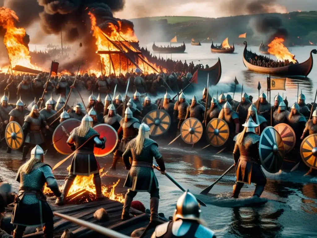 Visión de la guerra vikinga: Imagen detallada de una feroz batalla vikinga con guerreros, aldeas en llamas y barcos