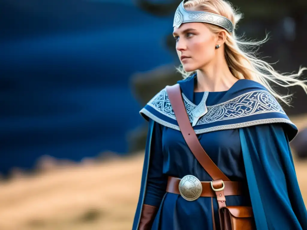 Una guerrera vikinga con vestido azul y armadura, lista para la batalla en paisaje nórdico