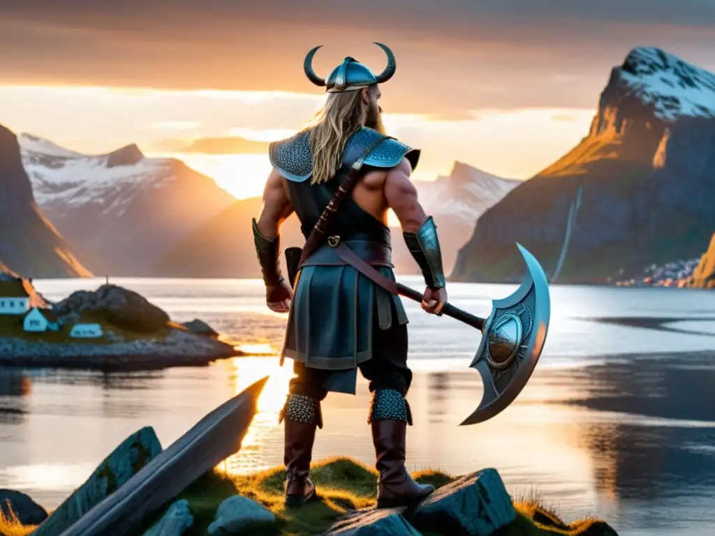 Un guerrero moderno con apariencia de vikingo en un paisaje nórdico al atardecer