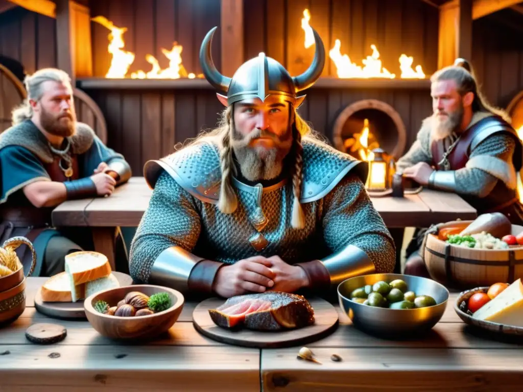 Un guerrero vikingo disfruta de una abundante comida en un salón rústico con sus compañeros