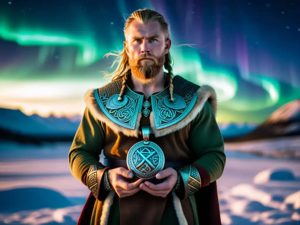 Un guerrero vikingo con un amuleto vikingo elaborado, en un paisaje nórdico místico con auroras boreales