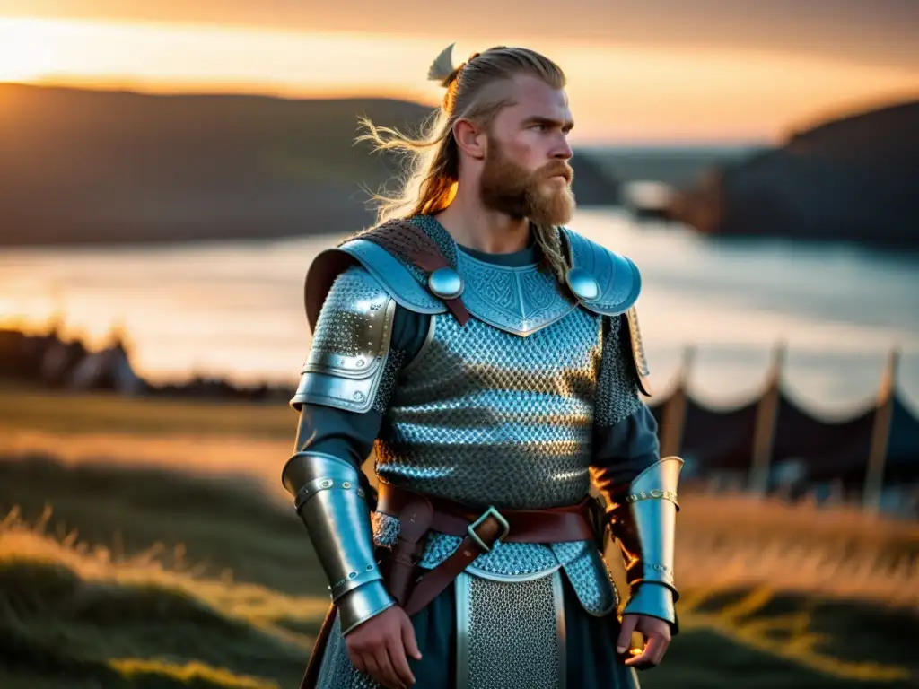 Un guerrero vikingo con armadura de protección en batalla, listo para la lucha al atardecer