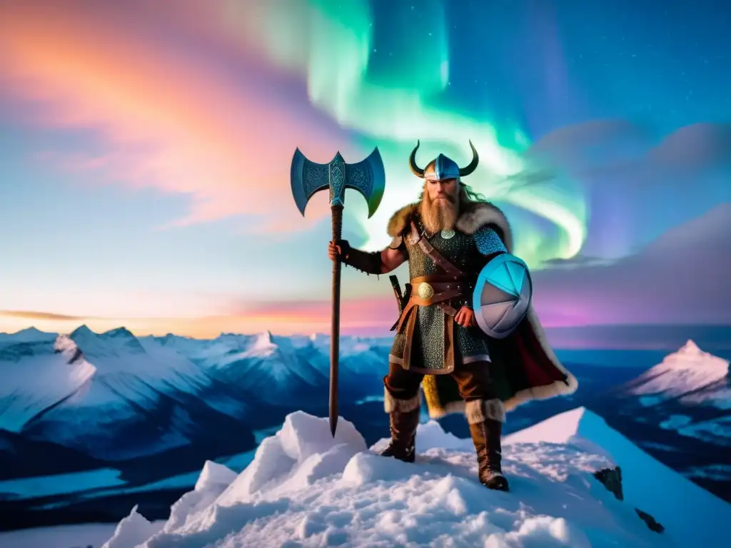 Un guerrero vikingo en armadura detenido en la cima nevada, con auroras boreales de fondo