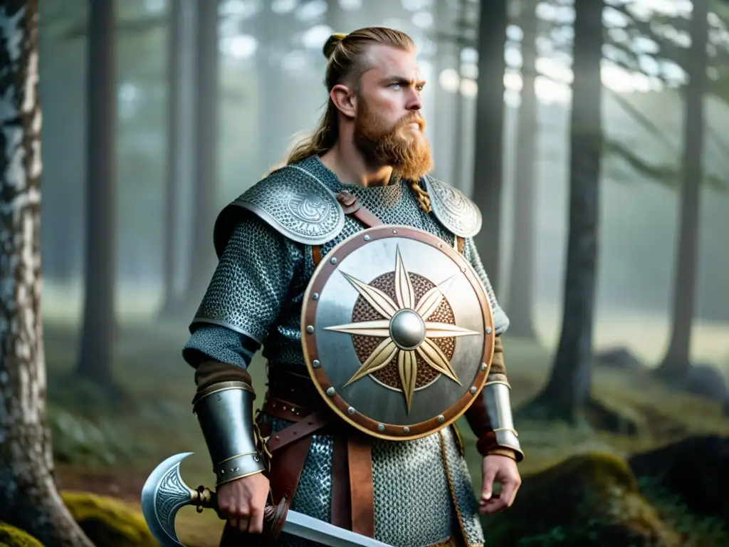 Un guerrero vikingo con armadura de malla y escudo redondo en un bosque neblinoso al amanecer