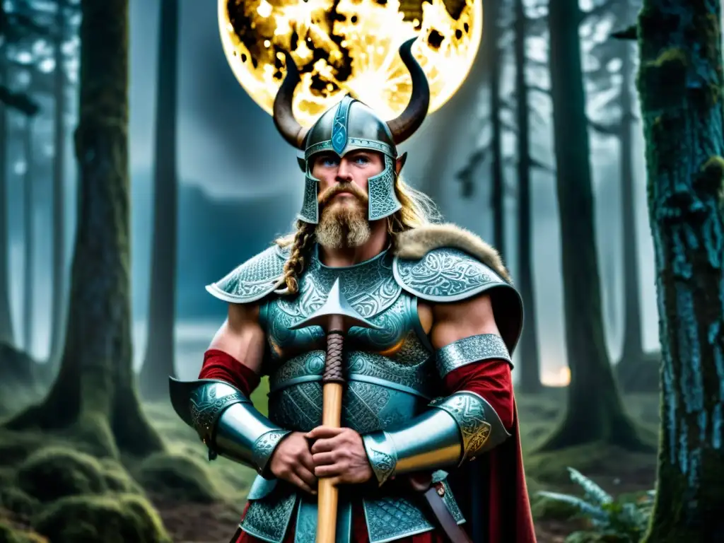 Un guerrero vikingo en armadura sagrada con hacha de guerra, bajo la luz de la luna en un bosque místico