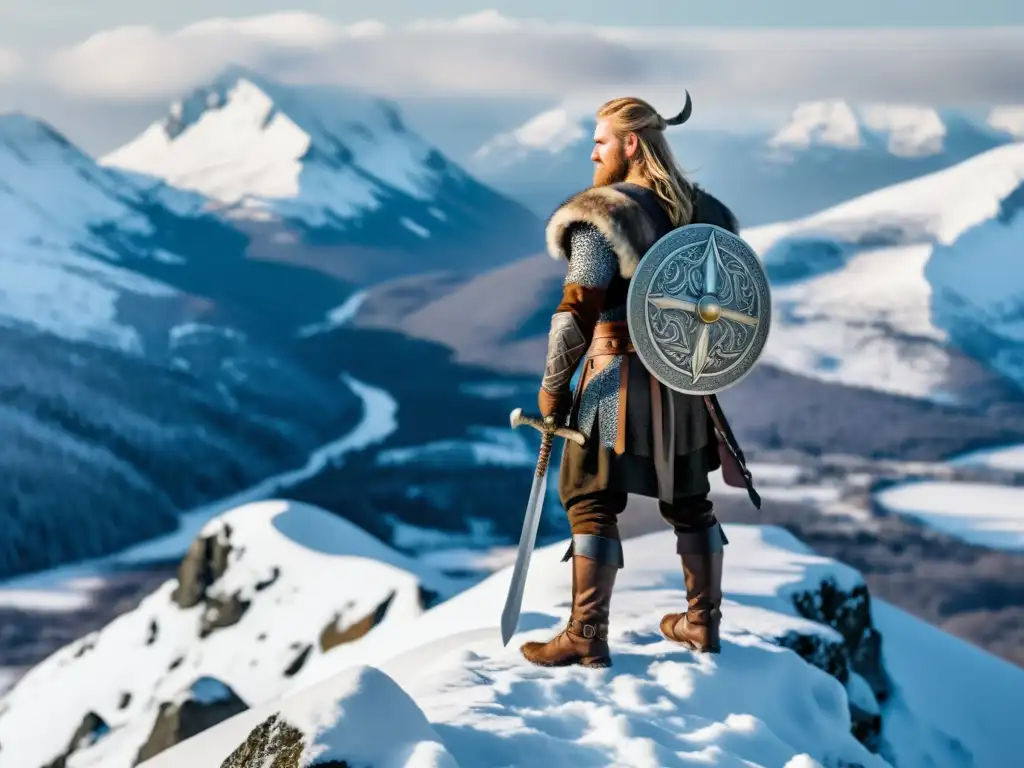 Un guerrero vikingo en armadura admirando la vasta tierra desde una montaña nevada