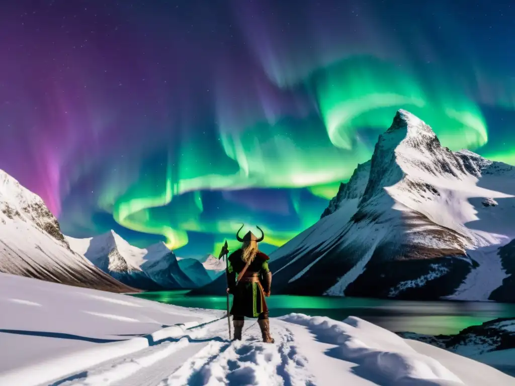 Un guerrero vikingo contempla las Auroras Boreales sobre su barco en la noche