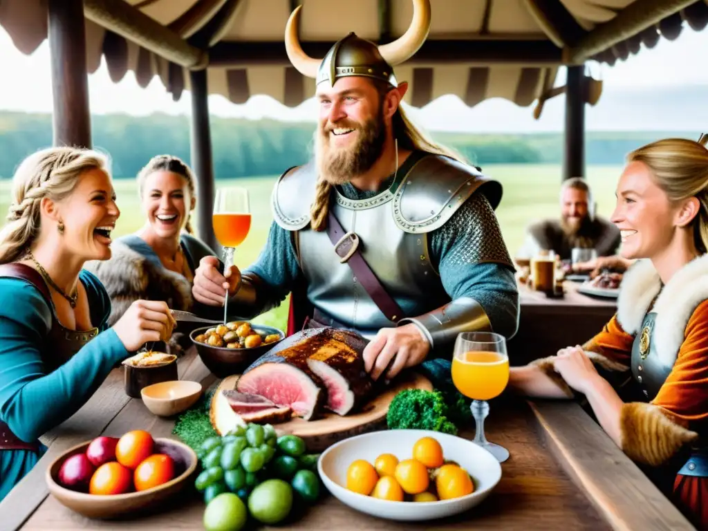 Un guerrero vikingo brinda en un banquete con carne asada y frutas en una cálida casa iluminada con antorchas